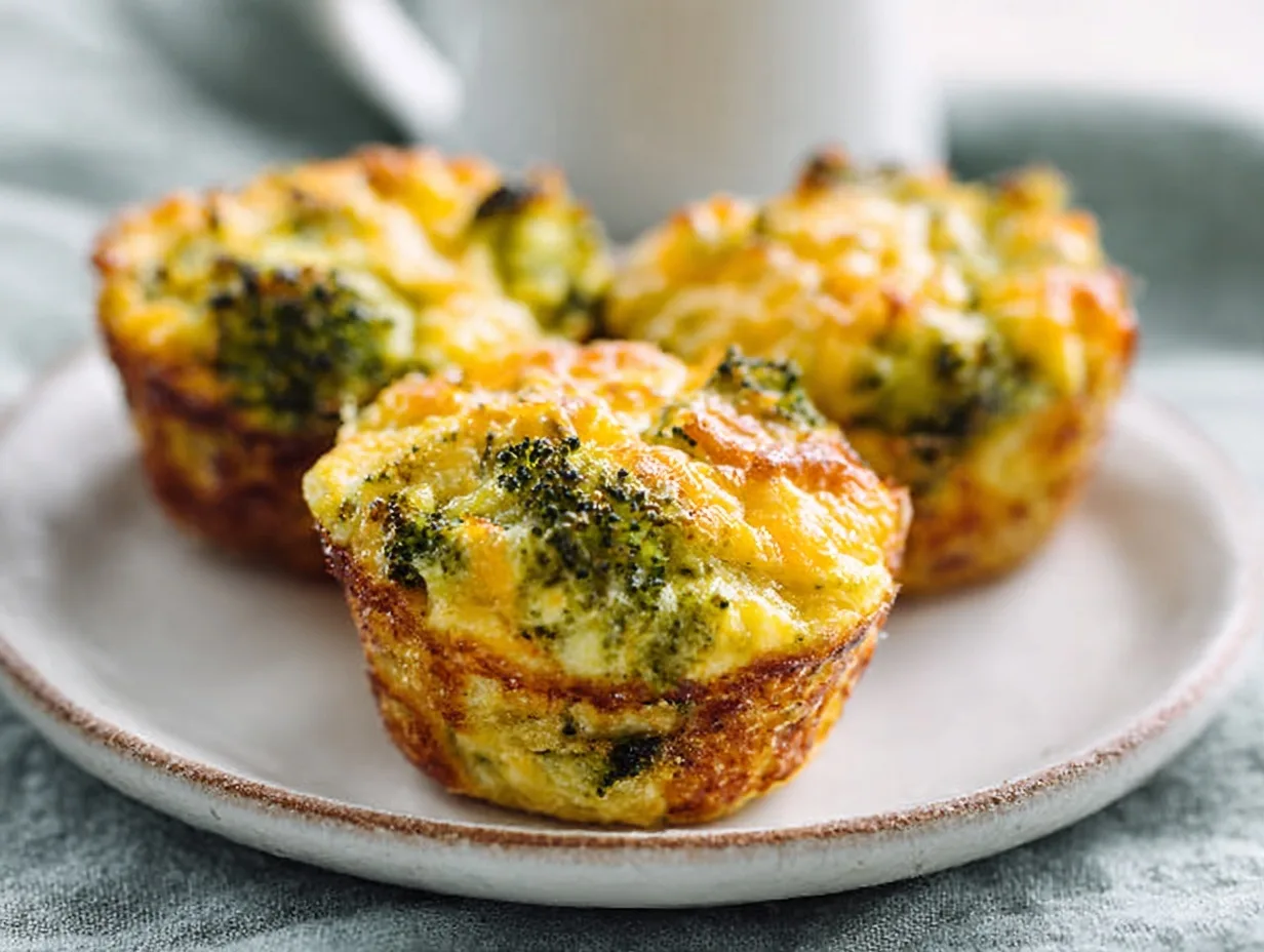 three broccoli cheddar egg muffins on white plate