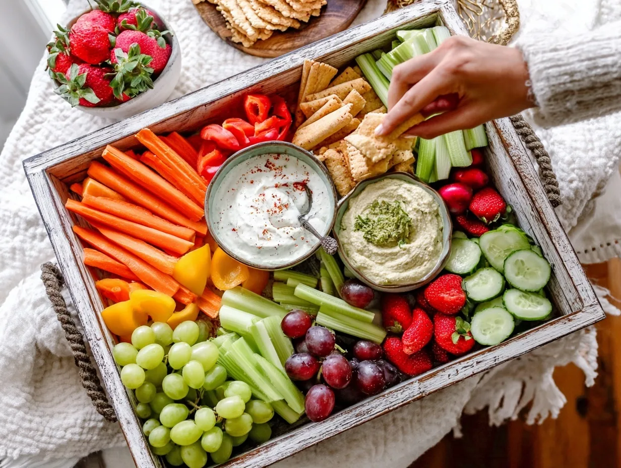 Colorful budget-friendly snack board with dips and fresh veggies