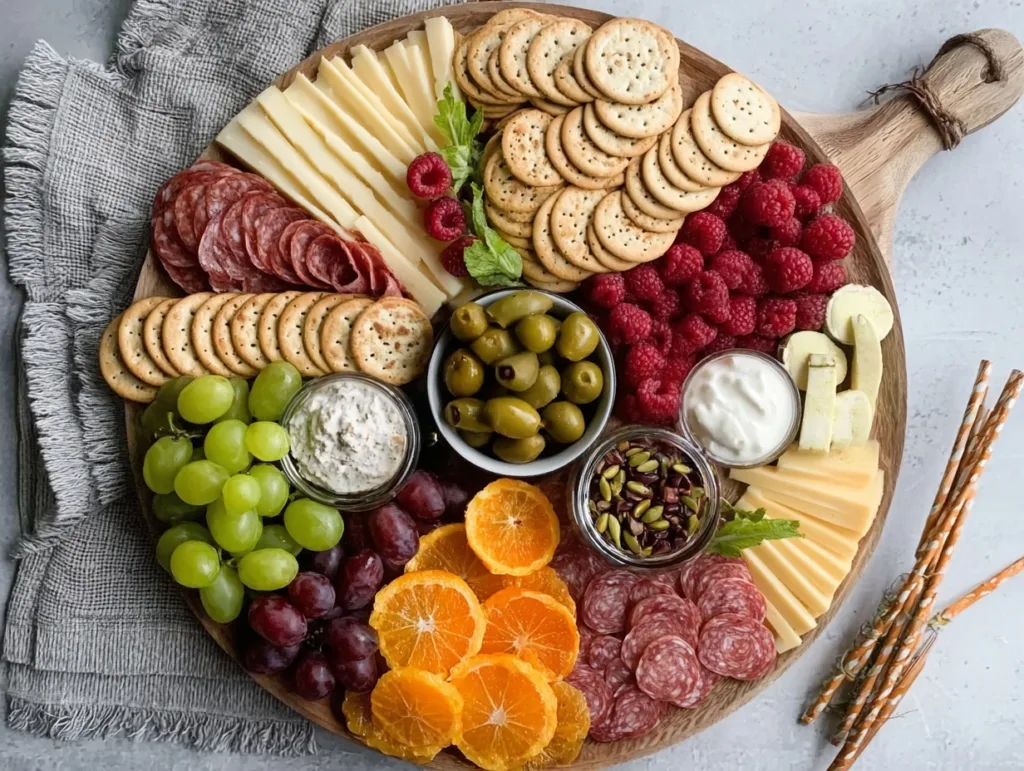 Budget-friendly charcuterie snack board with cheese, fruit, and dips