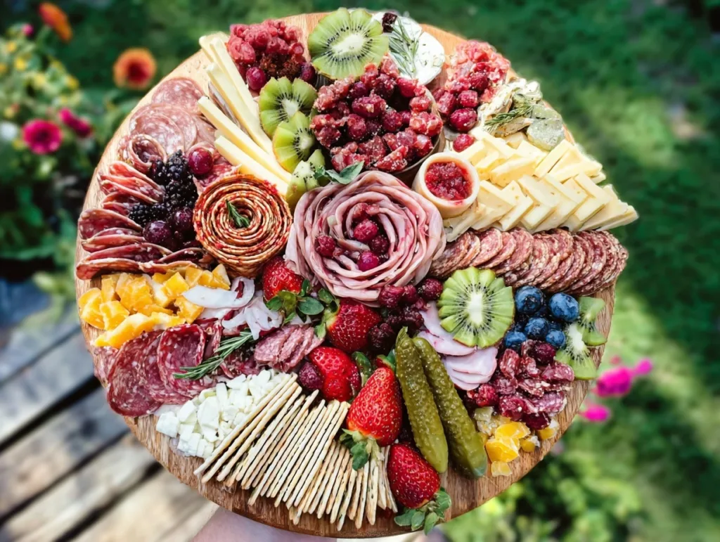 colorful All-Meat Board with Pickles and Mustard Trio on wooden platter