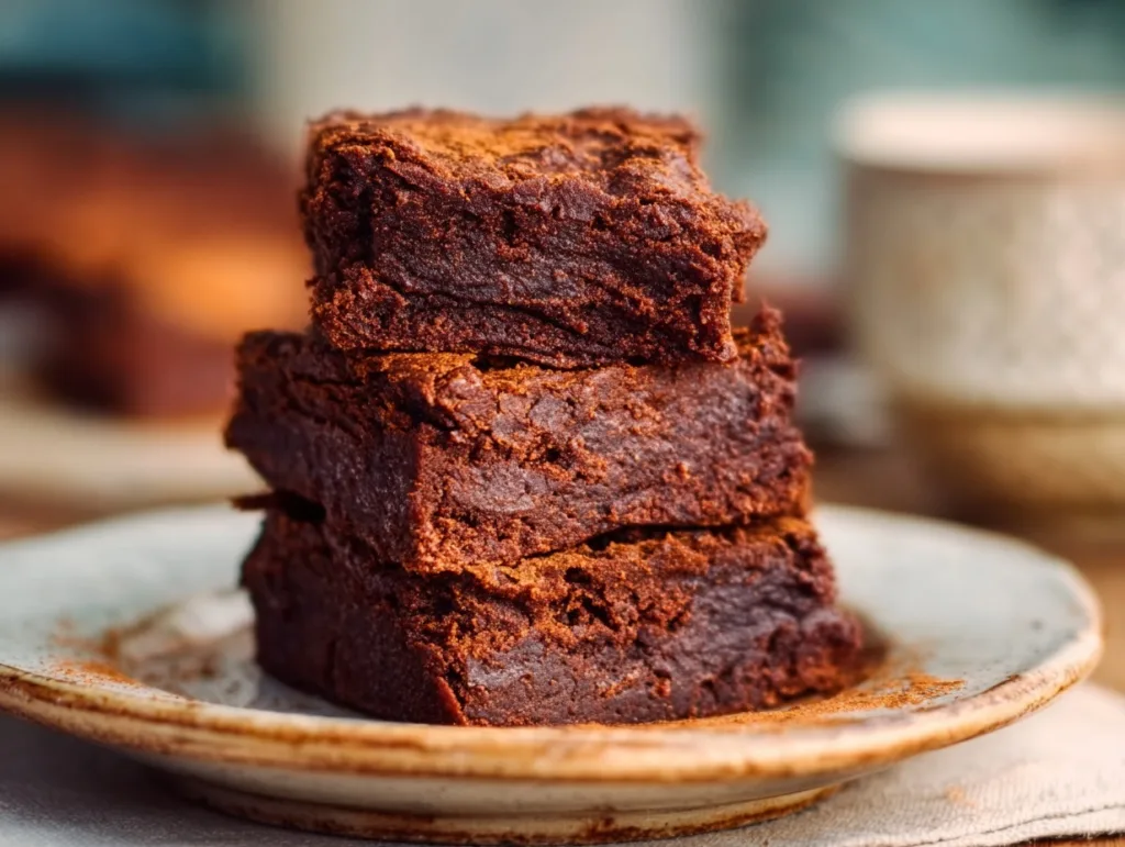 Fudgy sweet potato protein brownies stacked on a ceramic plate