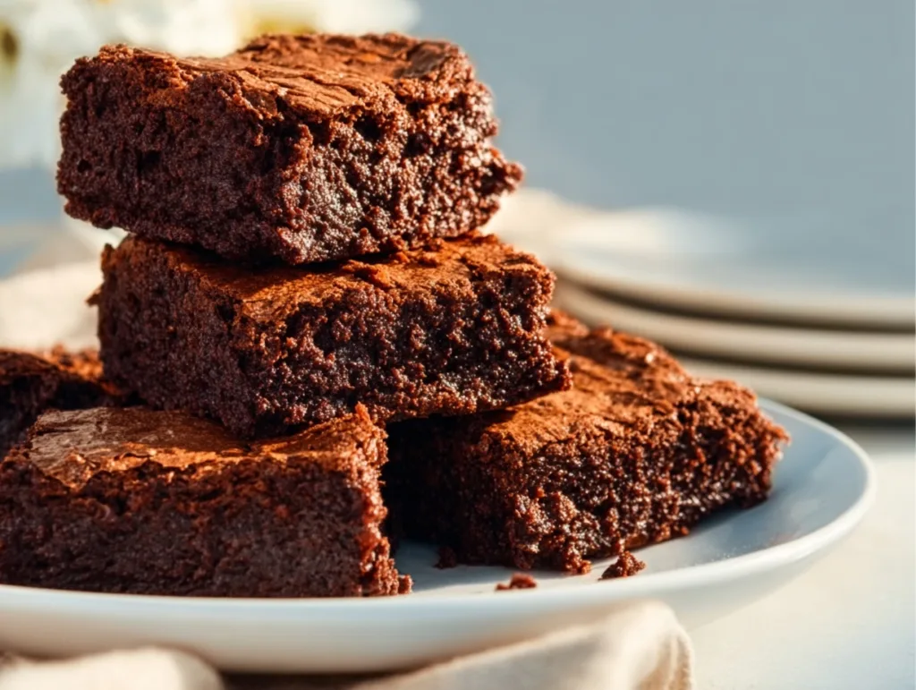 Sweet potato protein brownies stacked on a white plate in warm sunlight