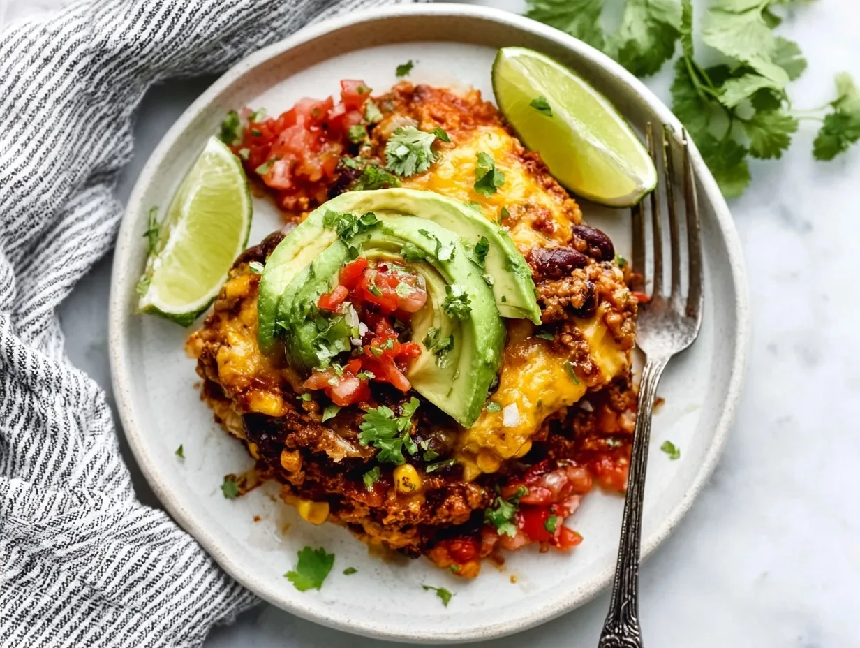 plated taco casserole with avocado slices and lime wedges on a white plate