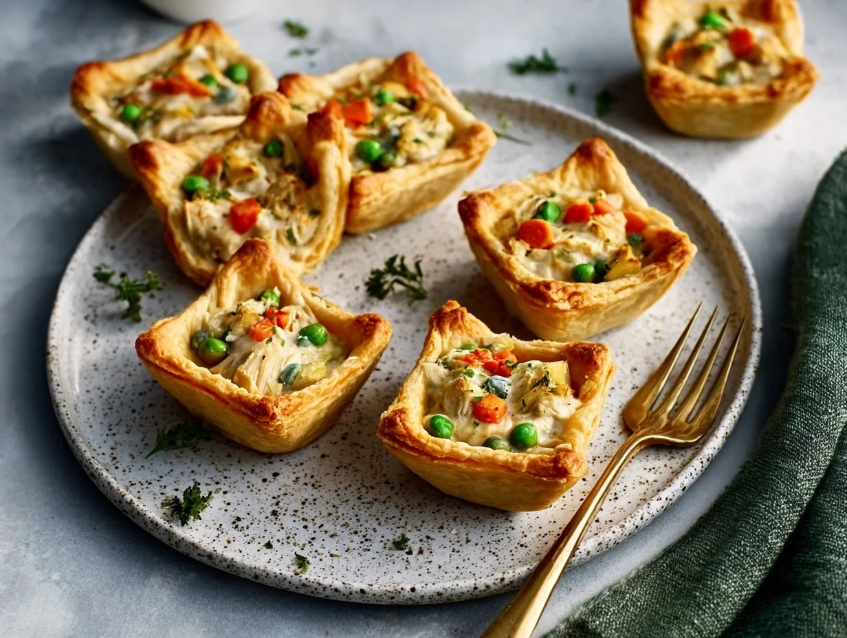 square mini chicken pot pies on ceramic plate with fork