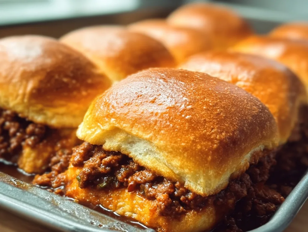 Cheap Sloppy Joe Sliders in a pan with glossy buns and rich beef filling