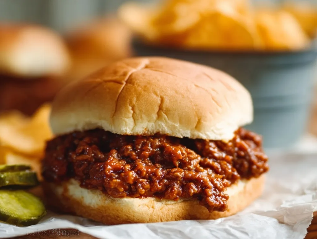 Classic budget-friendly sloppy joe sandwich with pickles and chips