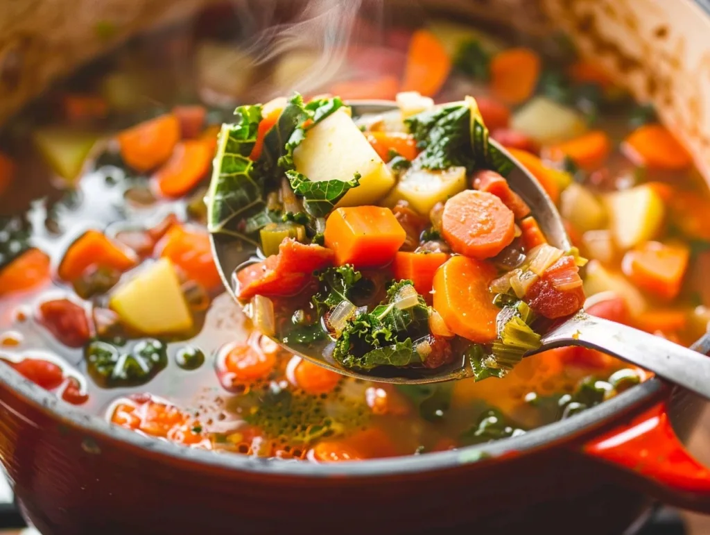Ladle of harvest veggie soup with carrots, potatoes, and kale