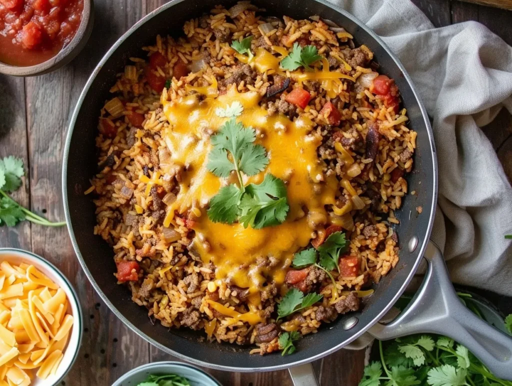 Beefy Taco Rice Skillet – 5-Star, One-Pan Dinner That’s Fast & Flavorful Beefy Taco Rice Skillet One-pan Beefy Taco Rice Skillet with melted cheese and cilantro