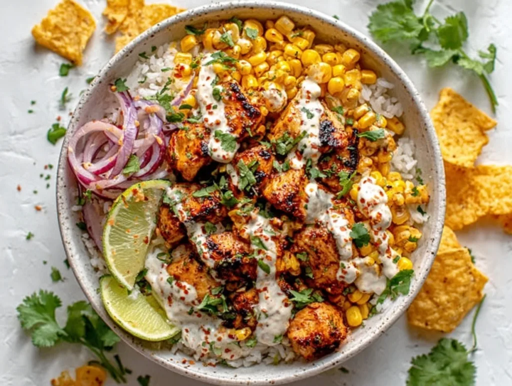 grilled street corn chicken rice bowl with creamy sauce and lime