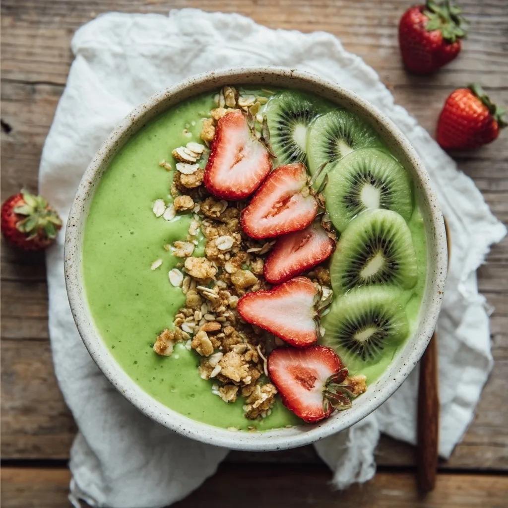 Green detox smoothie bowl with kiwi, strawberry, and granola