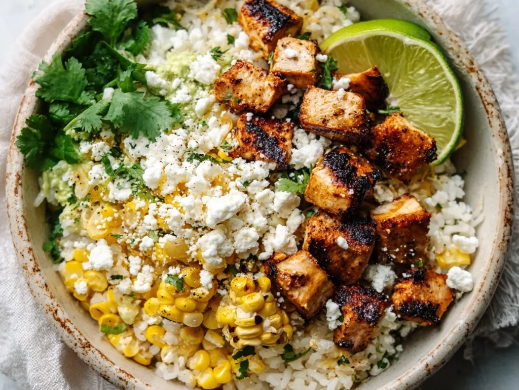 grilled chicken street corn rice bowl with cotija and lime