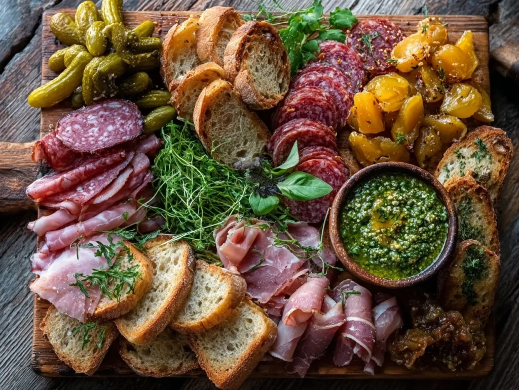 rustic all-meat board with pickles, baguette, and mustard pesto dip