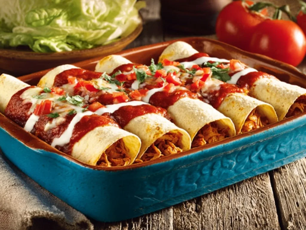 chicken enchiladas in turquoise baking dish with sauce and cheese