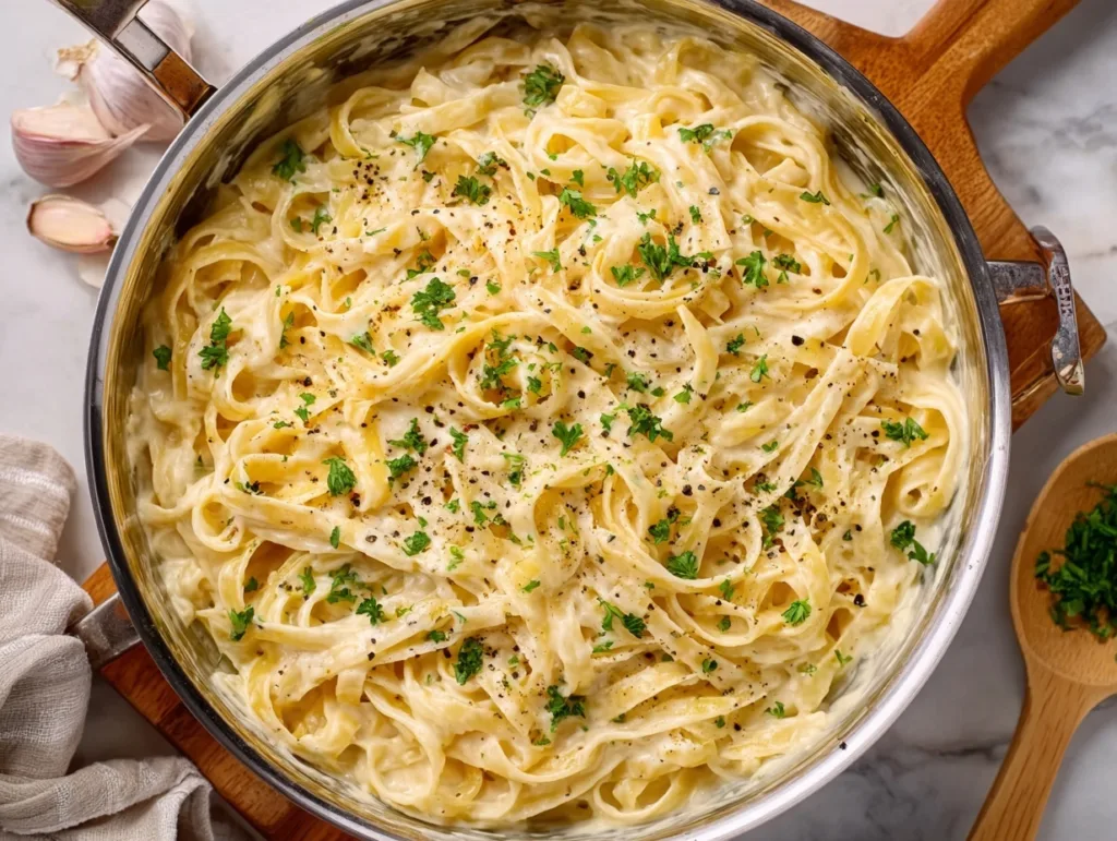 Creamy cauliflower Alfredo pasta in pan with parsley