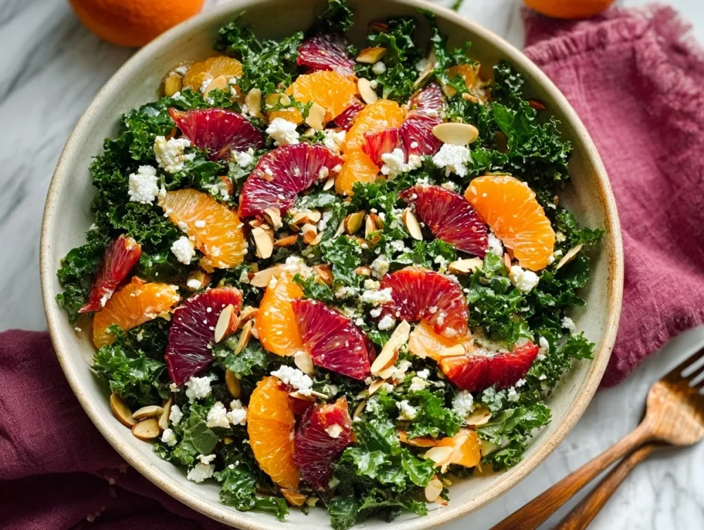 overhead view of winter citrus and kale salad with blood orange and feta