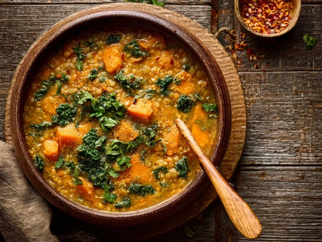 Lentil and sweet potato stew with kale in rustic wooden bowl