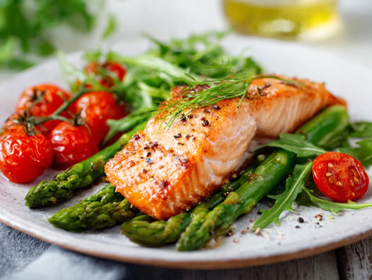 baked salmon with garlic greens and asparagus on plate