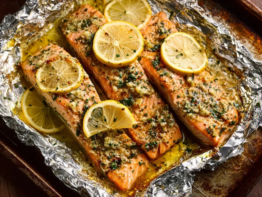 baked salmon with garlic greens and lemon in foil