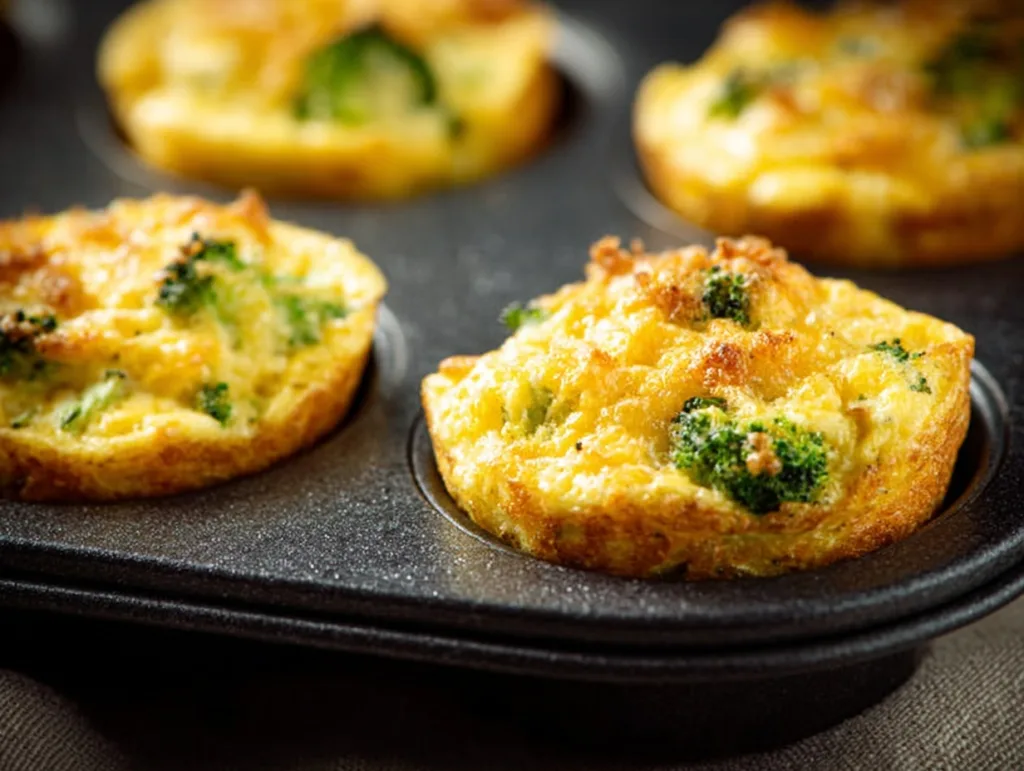 golden broccoli cheddar egg muffins in muffin pan