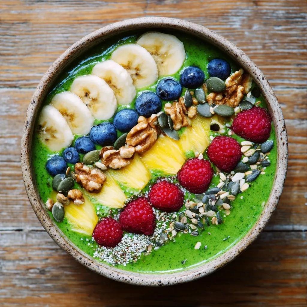 Green detox smoothie bowl with banana, berries, pineapple, and nuts