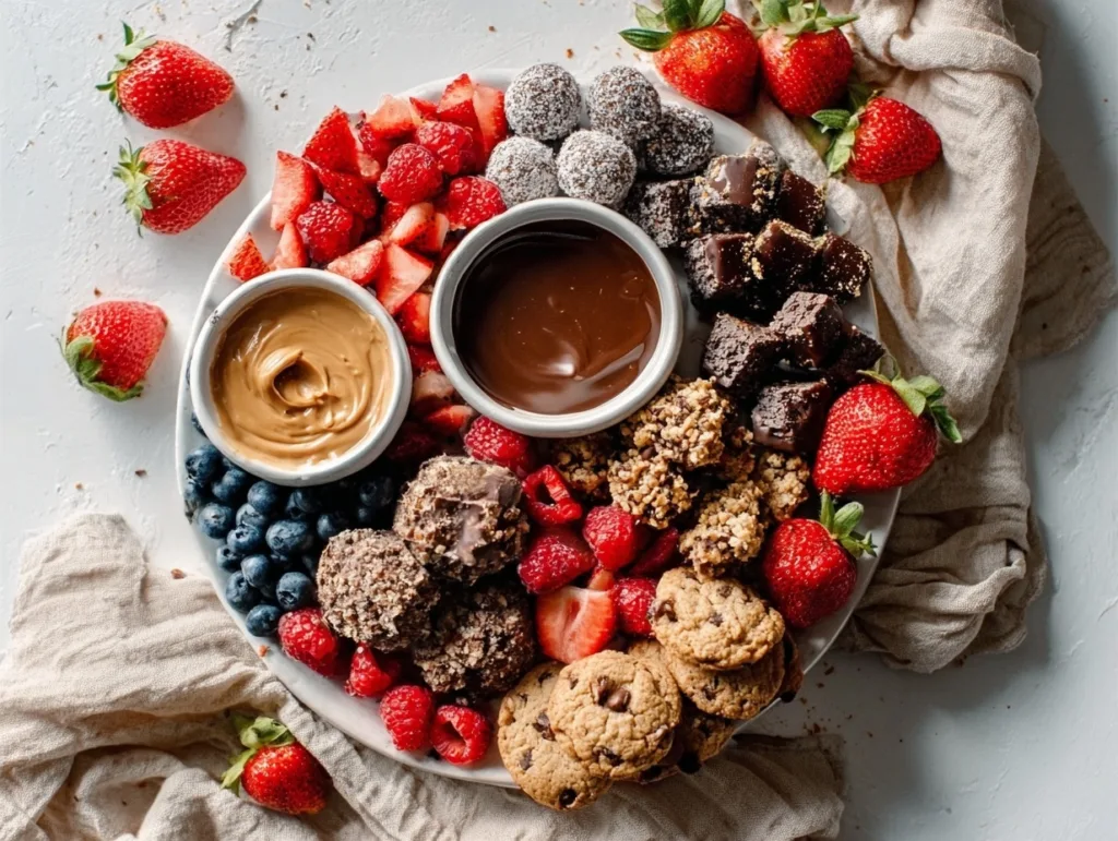 Sweet and savory dessert charcuterie board with chocolate dip, fruit, and cookies