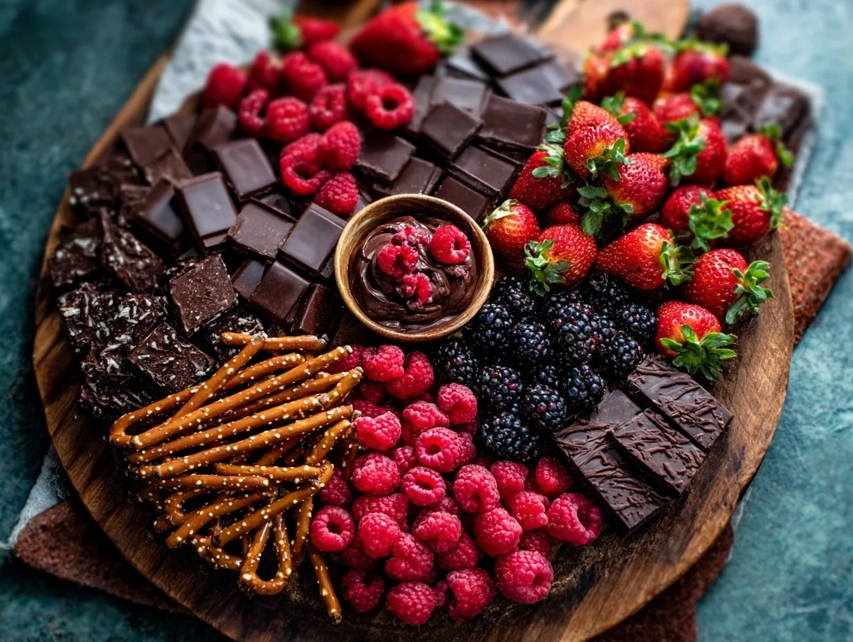 Sweet and savory DIY dessert charcuterie board with berries, chocolate, and pretzels