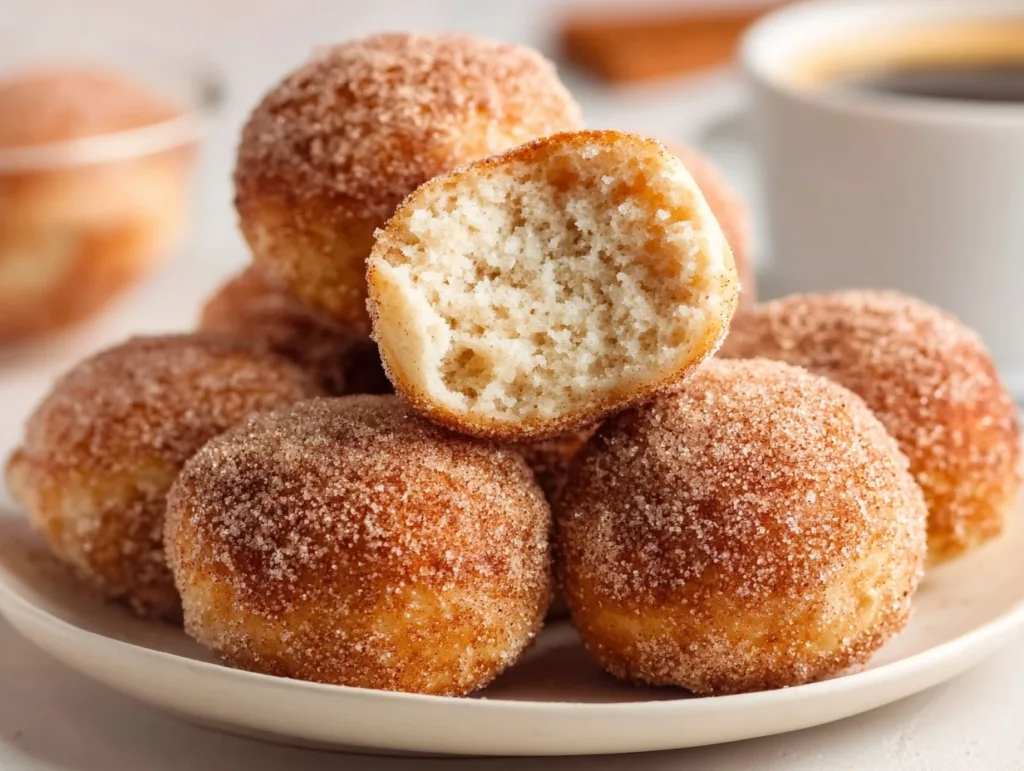 banana donut holes coated with cinnamon sugar on white plate