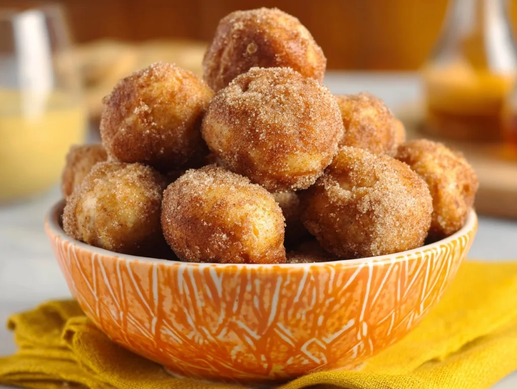 golden banana donut holes in orange bowl coated with cinnamon sugar