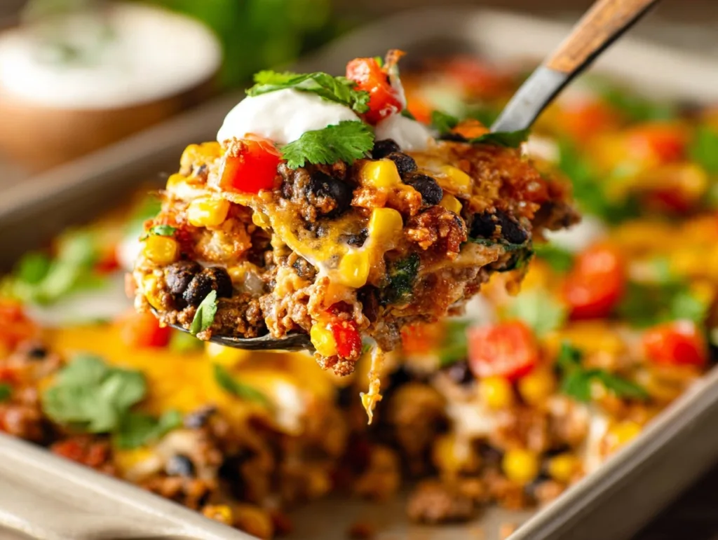 cheesy taco casserole scoop with beef, corn, and black beans