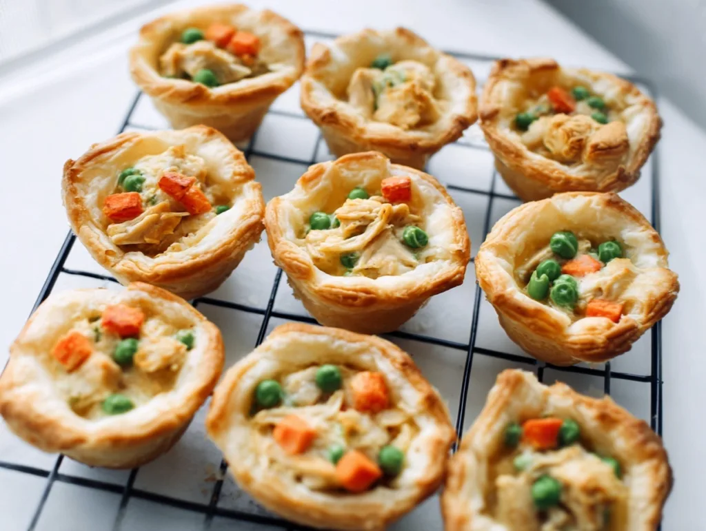 mini chicken pot pies on cooling rack with peas and carrots