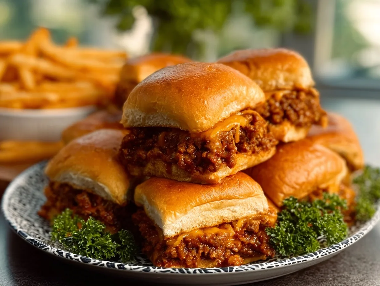 Cheap Sloppy Joe Sliders stacked on a plate with melted cheese and soft buns