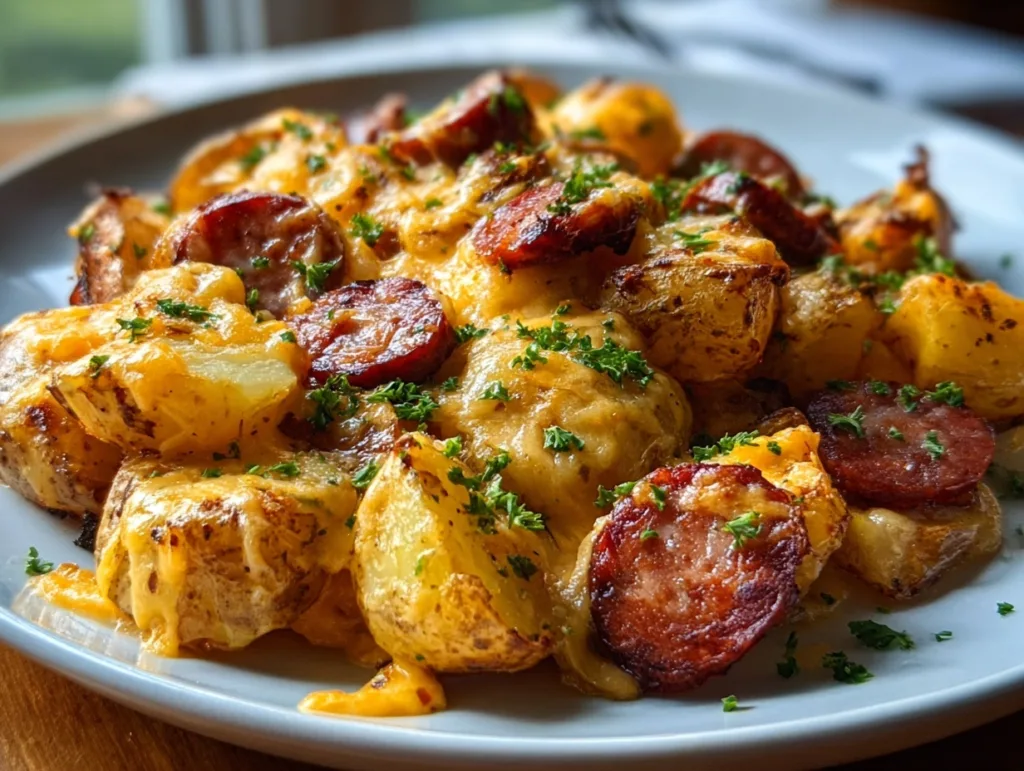Cheesy ranch potatoes and smoked sausage served on white plate