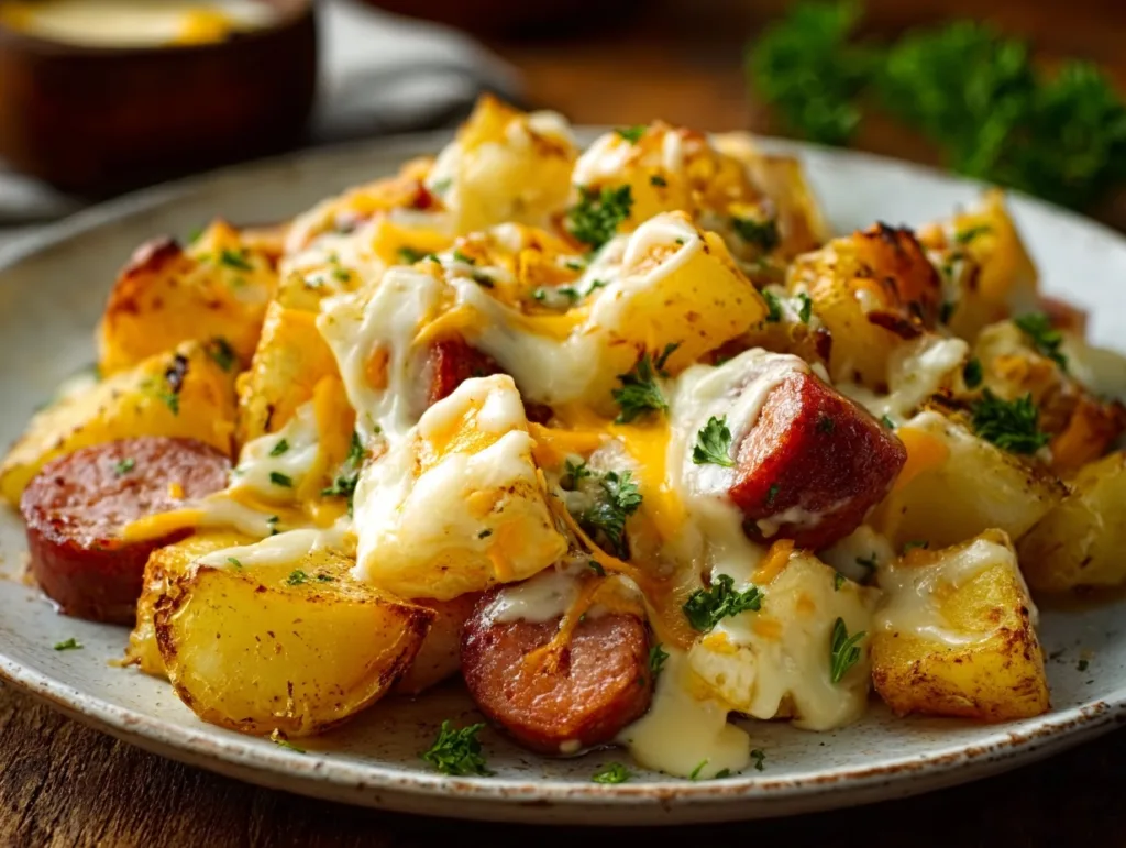 Cheesy ranch potatoes and smoked sausage on rustic plate