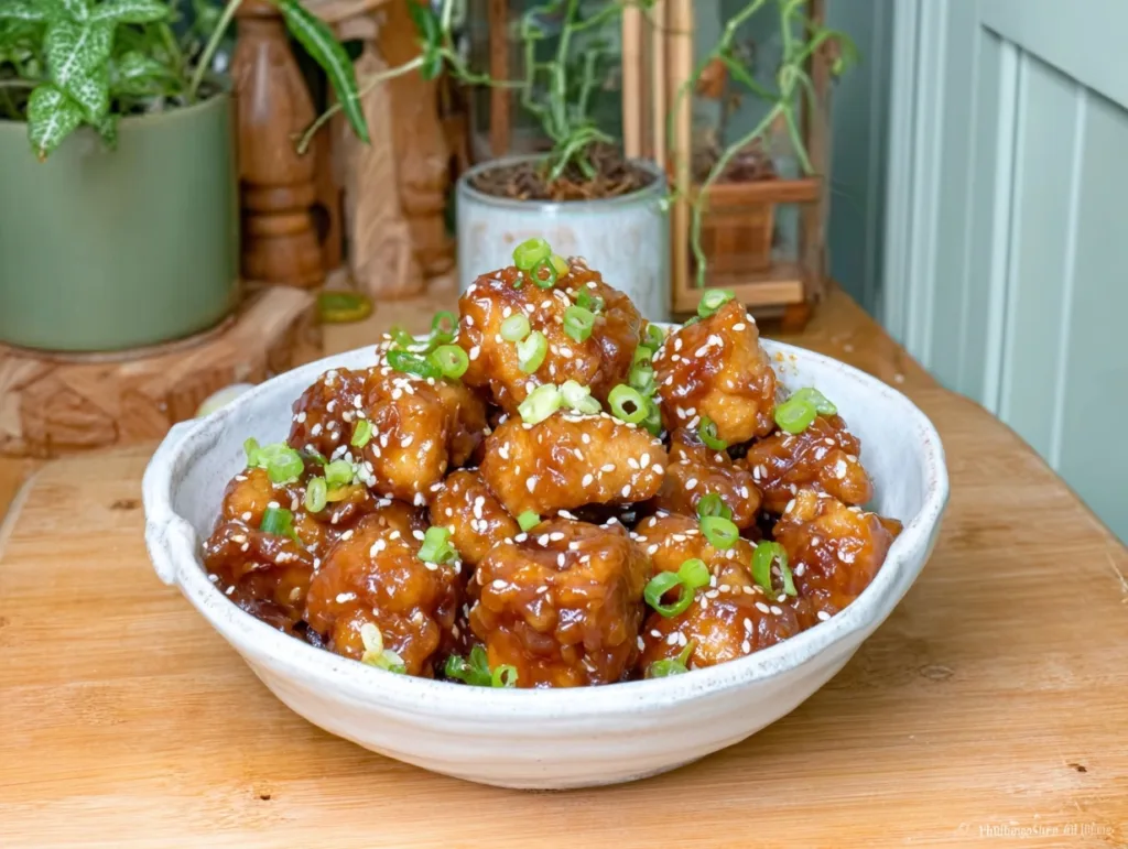 Honey garlic chicken bites in a bowl topped with sesame seeds and green onions