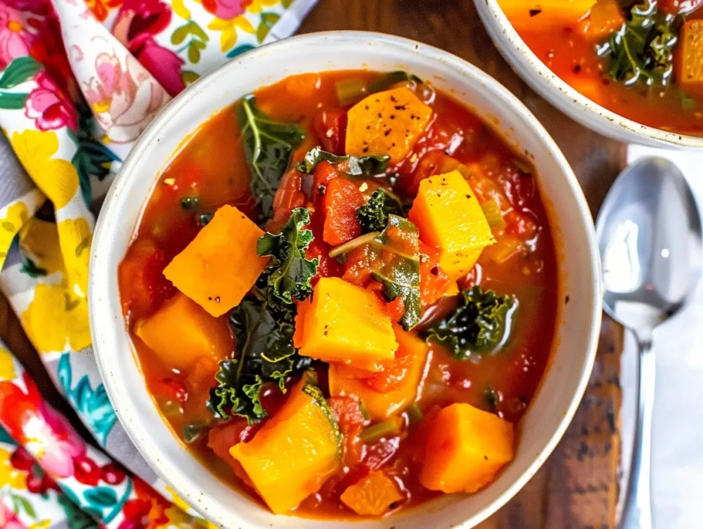 Harvest veggie soup with squash, kale, and tomatoes