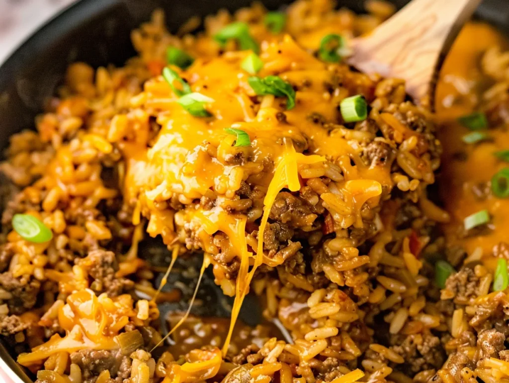 Beefy Taco Rice Skillet – 5-Star, One-Pan Dinner That’s Fast & Flavorful Beefy Taco Rice Skillet Serving a cheesy Beefy Taco Rice Skillet topped with green onions