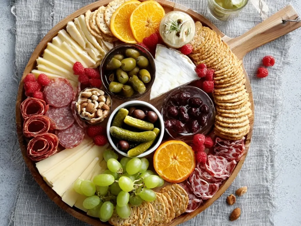 Rustic charcuterie snack board with cheese, meats, fruit, and dips