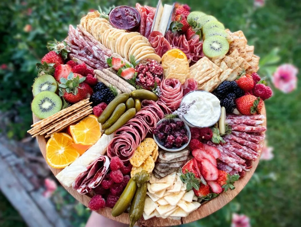 all-meat board with pickles, mustard trio, and fresh fruit on wooden platter