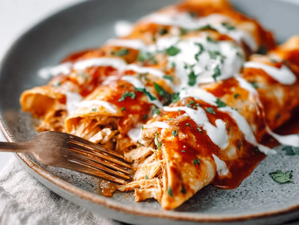 chicken enchiladas topped with sour cream and cilantro