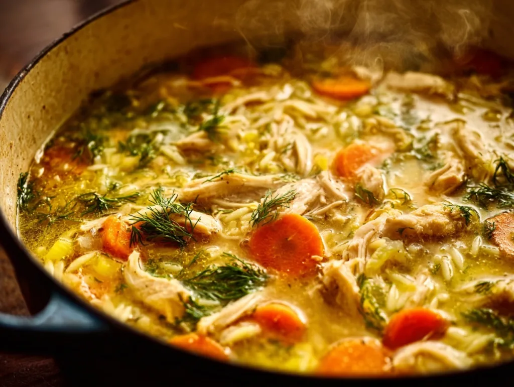 Chicken Lemon Orzo Soup simmering with carrots and dill in pot