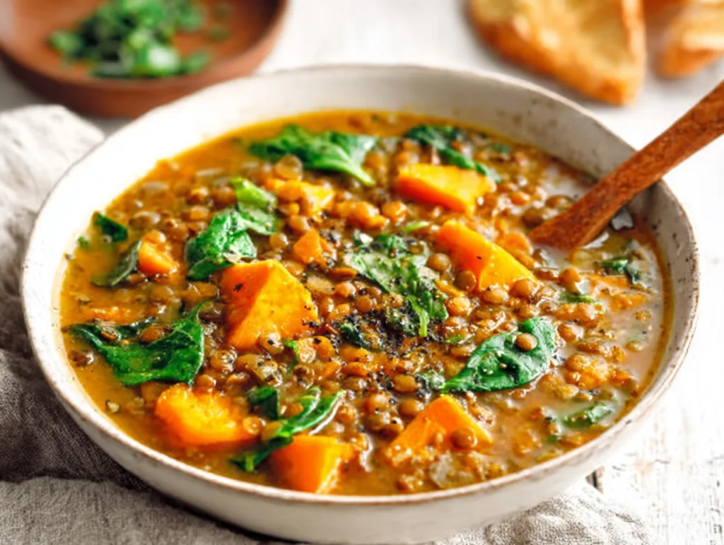 Lentil and sweet potato stew with spinach in ceramic bowl