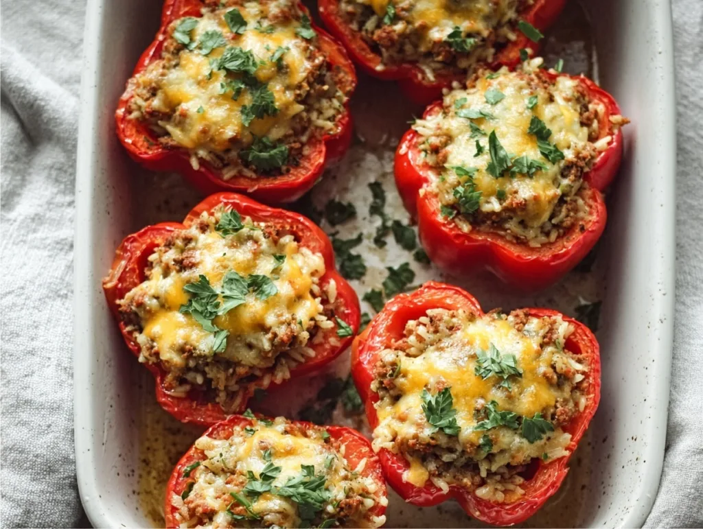 Turkey and veggie stuffed peppers topped with melted cheese in a baking dish