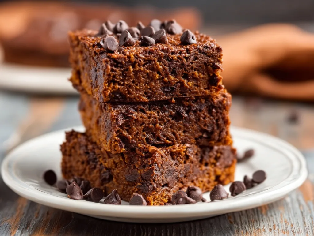 Sweet potato protein brownies topped with chocolate chips on a white plate