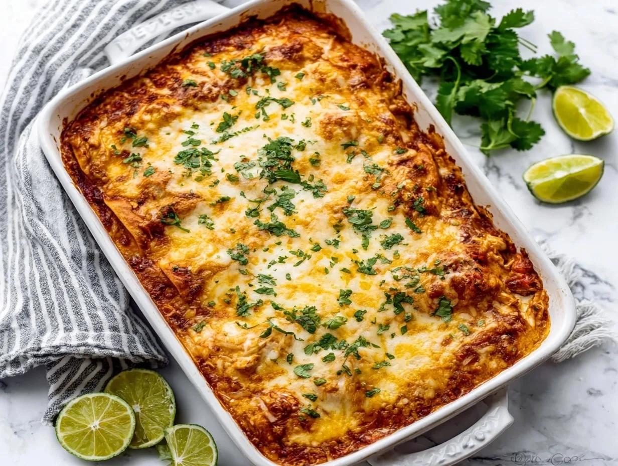 Baked Lazy Chicken Enchilada Bake topped with melted cheese and cilantro in a white dish