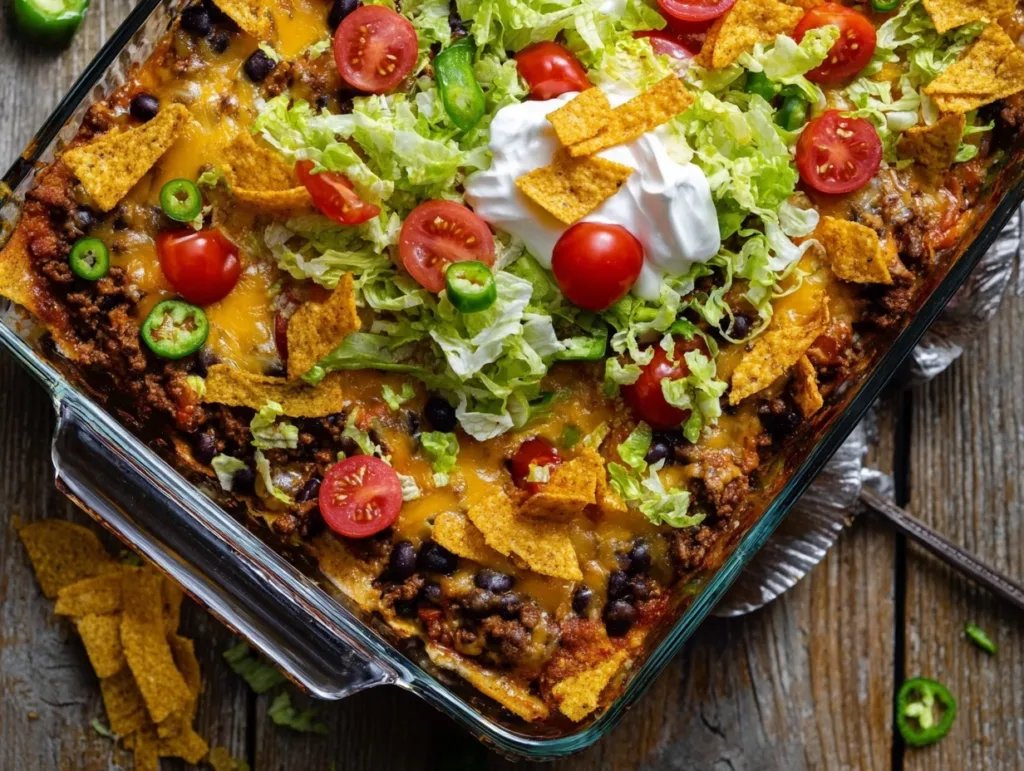 budget taco casserole with cheese, lettuce, and tomatoes in glass baking dish
