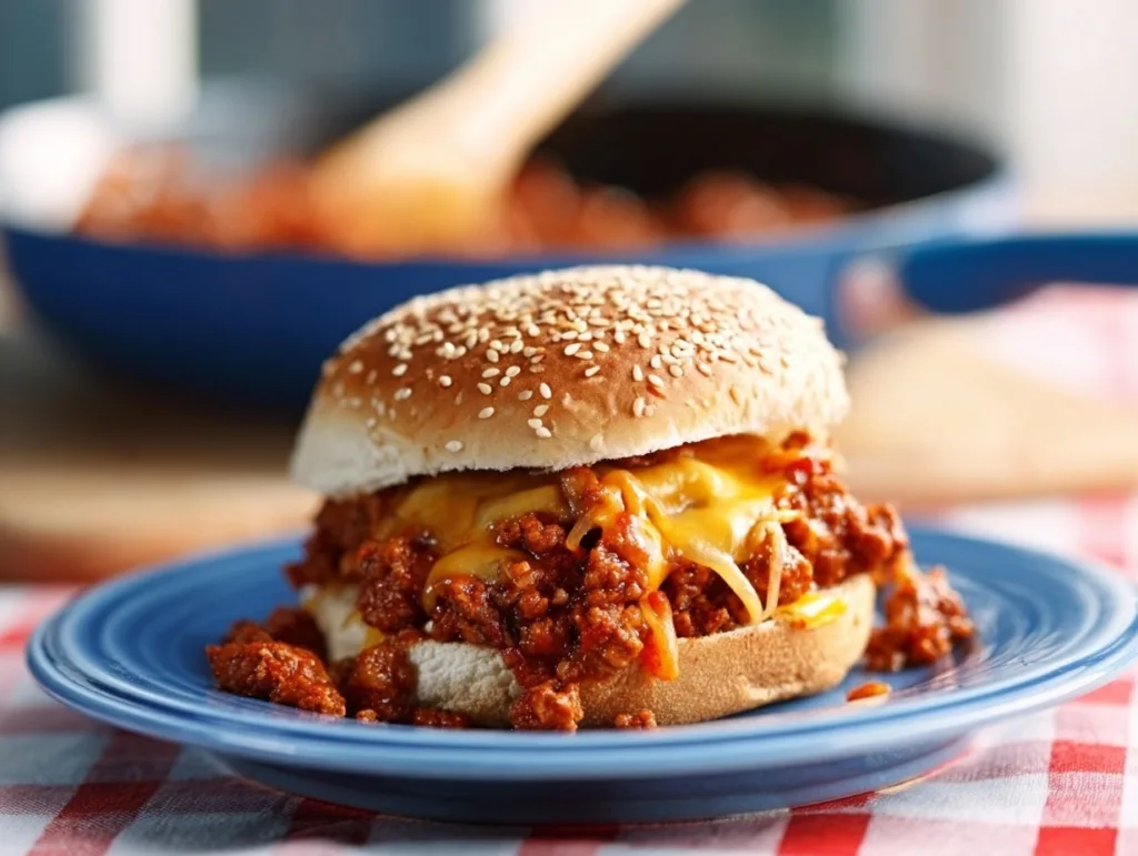 Homemade budget-friendly sloppy joe sandwich with melted cheese on a blue plate