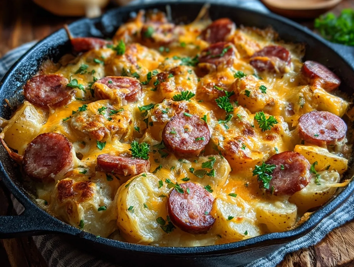 Cheesy ranch potatoes and smoked sausage in cast iron skillet