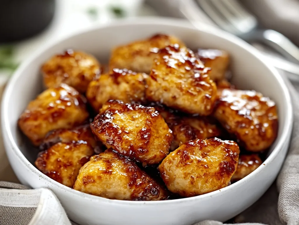 Golden honey garlic chicken bites in a white bowl with glossy sauce