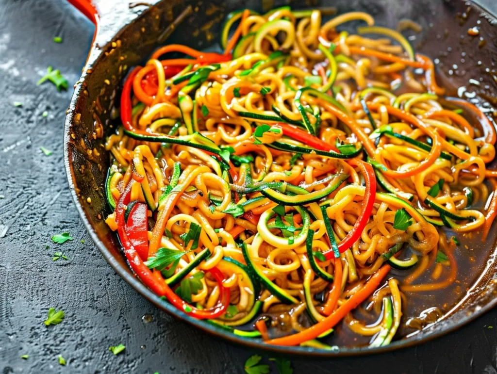 teriyaki noodles with veggies in skillet with zucchini and carrots