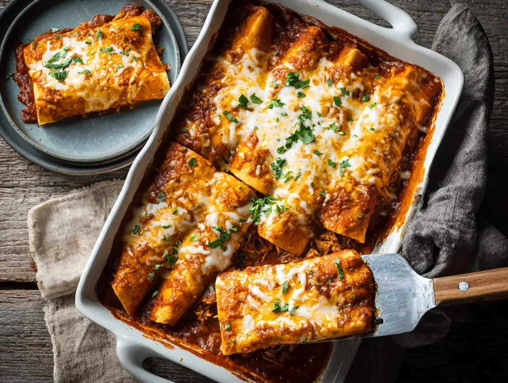 baked chicken enchiladas in white casserole dish topped with melted cheese